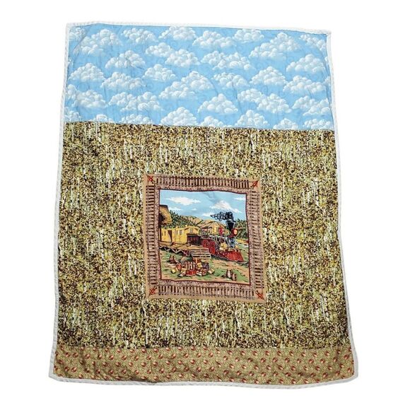 Baby Blanket Reversible Choo Choo Train Airplane Clouds Railroad Brown Blue - Picture 1 of 6